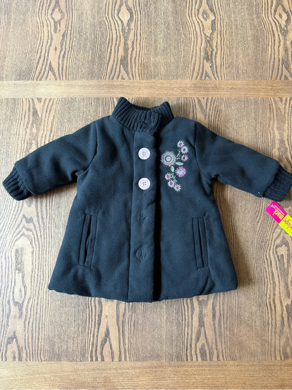 Penelope Mack Black Toddler Pea Coat with Floral Embroidery